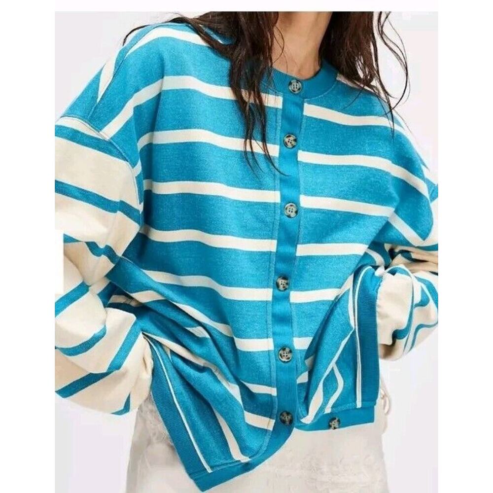We The Free Classic Striped Cardigan Blue Combo Sz Medium